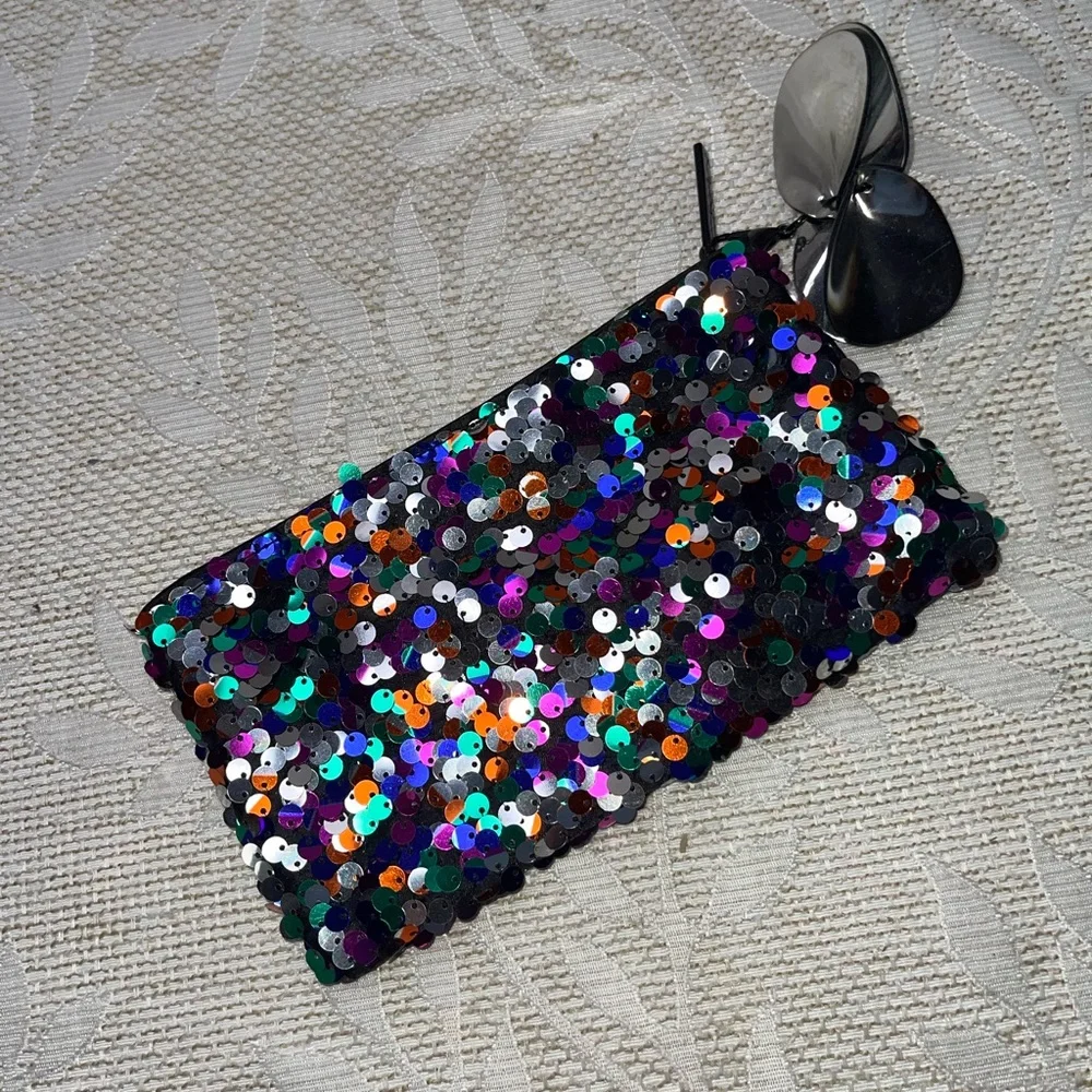 MAC Sequin Clutch with Silver Flower Accent